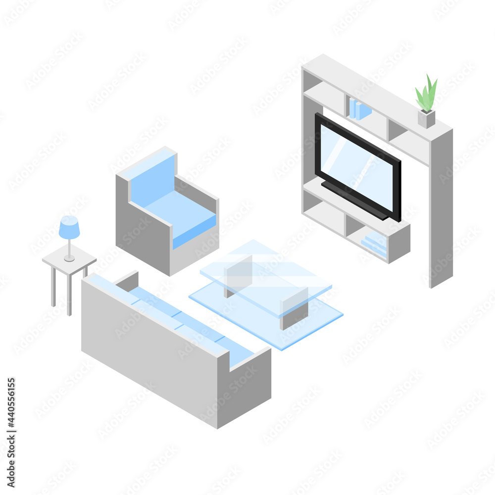 Living room idea. Set of furniture, Sofa with table and the television on the shelf. Isometric Drawing Vector. Living room idea. Set of furniture, Sofa with table and the television on the shelf. Isometric Drawing Vector.
