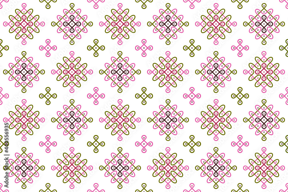 Knots and Curves in pastel pink and green on white background - Indian Cultural Rangoli or Paisley vector line art in seamless pattern, for fabric, textile,  wrapping paper, garment, phone case.