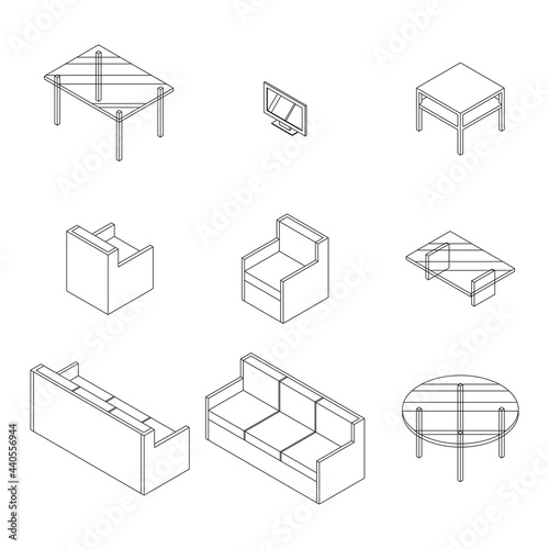 Set of Living room furniture. Chair, Sofa, table and television. Outline Isometric Drawing Vector.