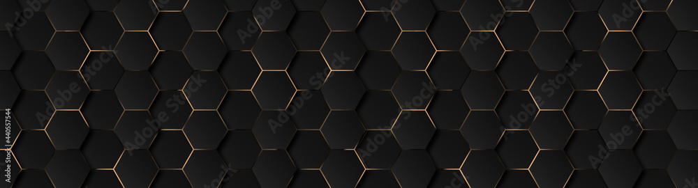 Luxury hexagonal abstract black metal background with golden light lines. Dark 3d geometric texture illustration. Bright grid pattern. Pure black horizontal banner wallpaper. Carbon elegant wedding BG