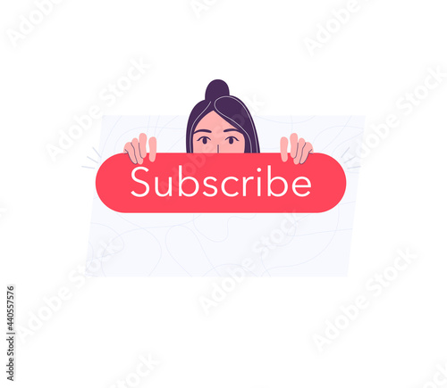 Girl character hiding behind subscribe button on white background. Vector illustration cartoon flat design