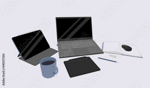 Flat work place with laptop, tablet, Graphics tablet, and cup. vector illustration modern style 