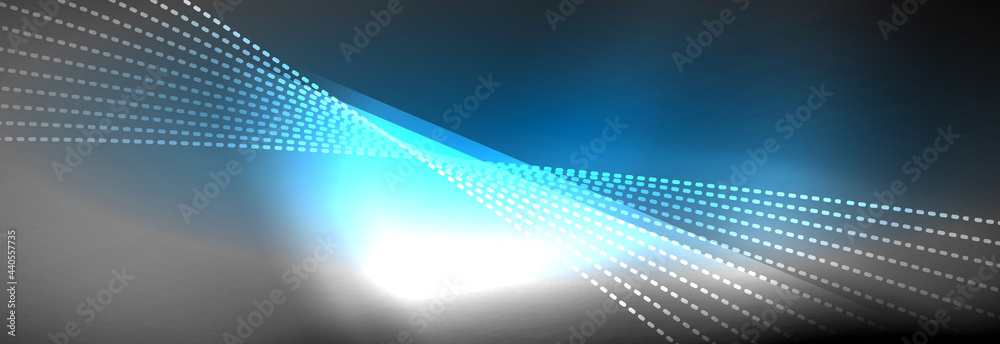 Neon shiny color background with light glowing wave line particles. Wallpaper background, design templates for business or technology presentations, internet posters or web brochure covers
