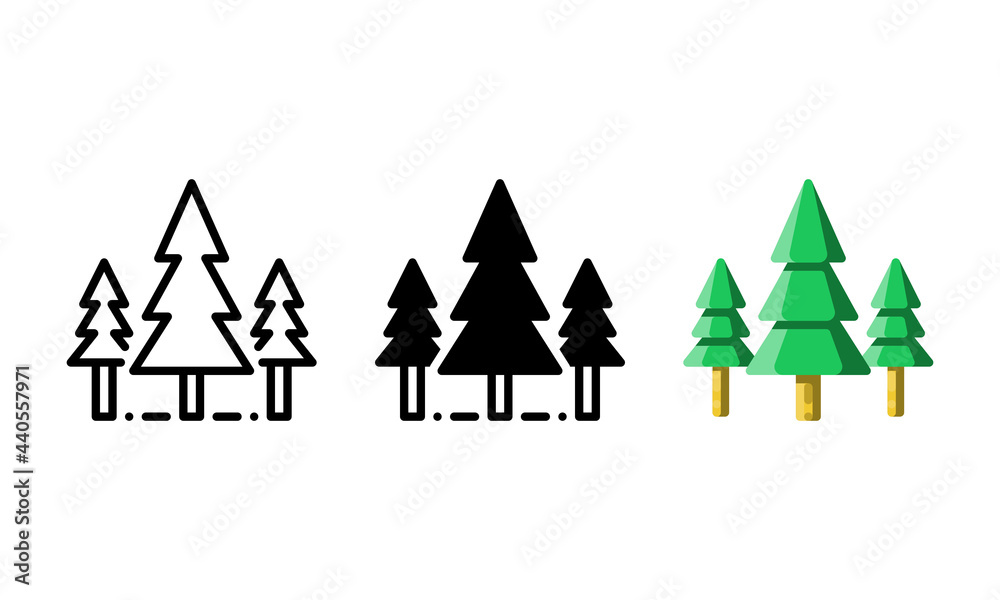 Pine tree icon. With outline, glyph, and flat style