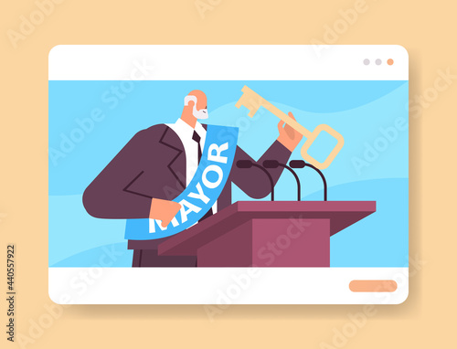 mayor with key giving speech from tribune in web browser window public statement concept