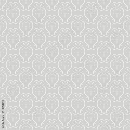 Simple background pattern with white geometric ornament on gray background, wallpaper. Seamless pattern, texture. Vector image