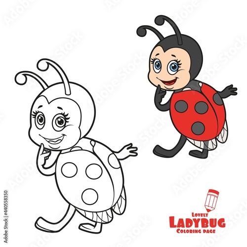 Flirtatious little ladybug looks over his shoulder while color variation for coloring page isolated on white background