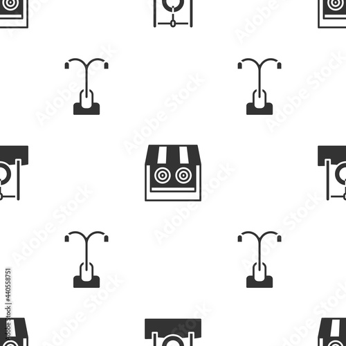 Set Car tire hanging on rope, Shooting gallery and Street light on seamless pattern. Vector