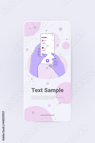 hands using mobile translation application multilingual greeting international communication online dictionary
