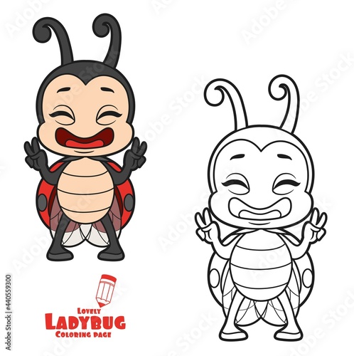 Cute happy cartoon little ladybug stand and shows victory sign color variation for coloring page isolated on white background