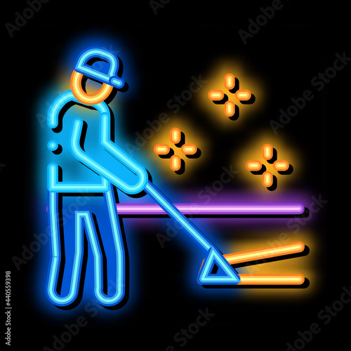 carpet cleaner worker neon light sign vector. Glowing bright icon carpet cleaner worker sign. transparent symbol illustration