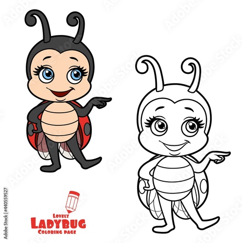 Cute cartoon little ladybug pointed aside color variation for coloring page isolated on white background