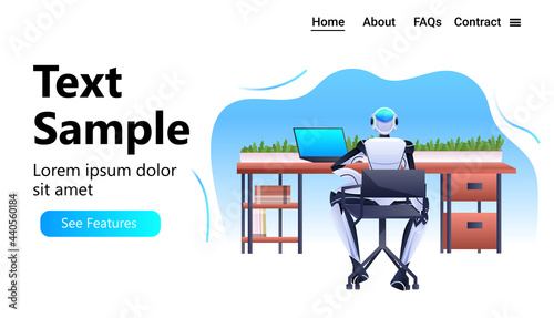robot sitting at workplace robotic businessperson working in office artificial intelligence technology concept