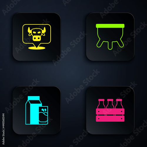 Set Bottled milk in wooden box, Cow head, Paper package for kefir and Udder. Black square button. Vector