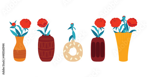Colored vector illustration in a flat style. Flowers in a vase isolated on white background. A set of peonies in vases of different shapes.