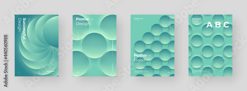 Abstract set Placards, Posters, Flyers, Banner Designs. Colorful illustration on vertical A4 format. 3d geometric shapes. Decorative neumorphism backdrop.