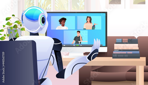 robot discussing with mix race businesspeople during video call online communication artificial intelligence technology