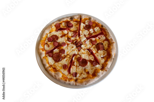 pizza on isolated white background, top view