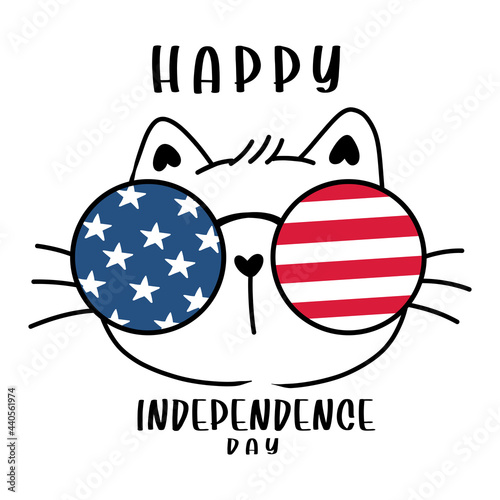 cute cat face head with America flag stripes and stars glasses, 4th July independence day, cartoon doodle vector illustration