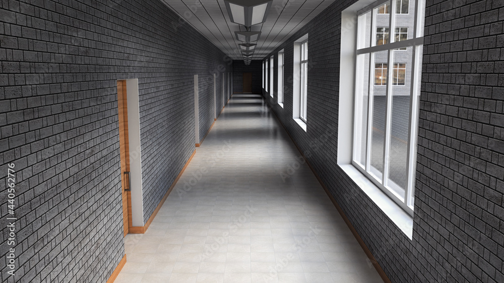 Fototapeta premium An empty corridor in a 20th-century office building. Gray brick walls, light tile floor. 3d rendering.