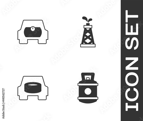 Set Propane gas tank, Gas for vehicle, Spare wheel in the car and Oil rig icon. Vector