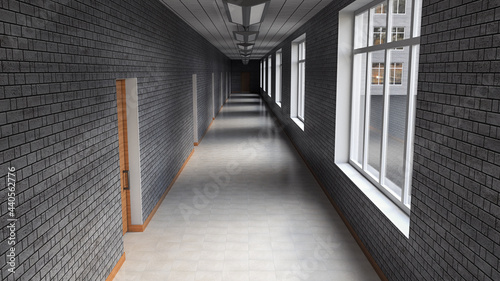 An empty corridor in a 20th-century office building. Gray brick walls, light tile floor. 3d rendering.