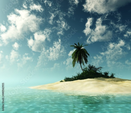 Tropical island with palm tree at sunset    3d rendering