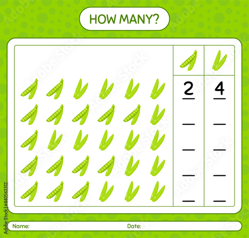 How many counting game with peas. worksheet for preschool kids, kids activity sheet, printable worksheet