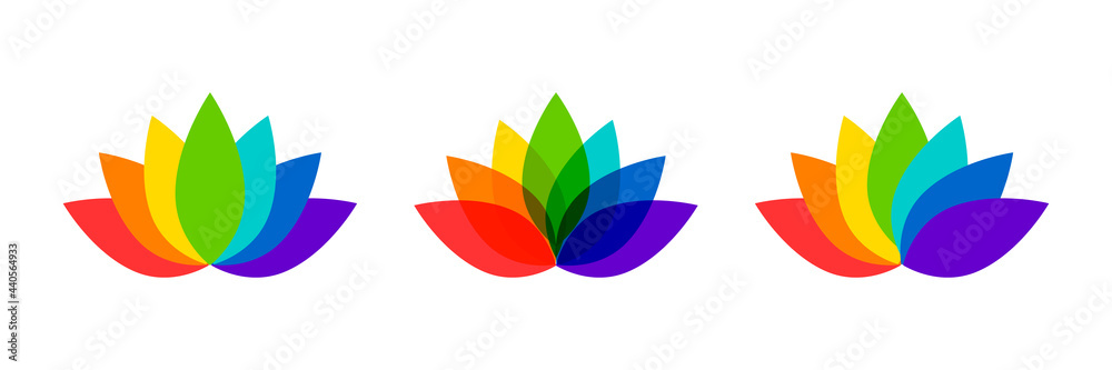 Colorful lotus flower icons. Water lily in bloom, icon set made of rainbow colors.