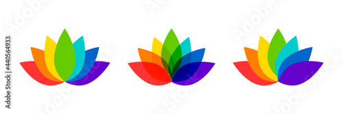 Colorful lotus flower icons. Water lily in bloom, icon set made of rainbow colors.