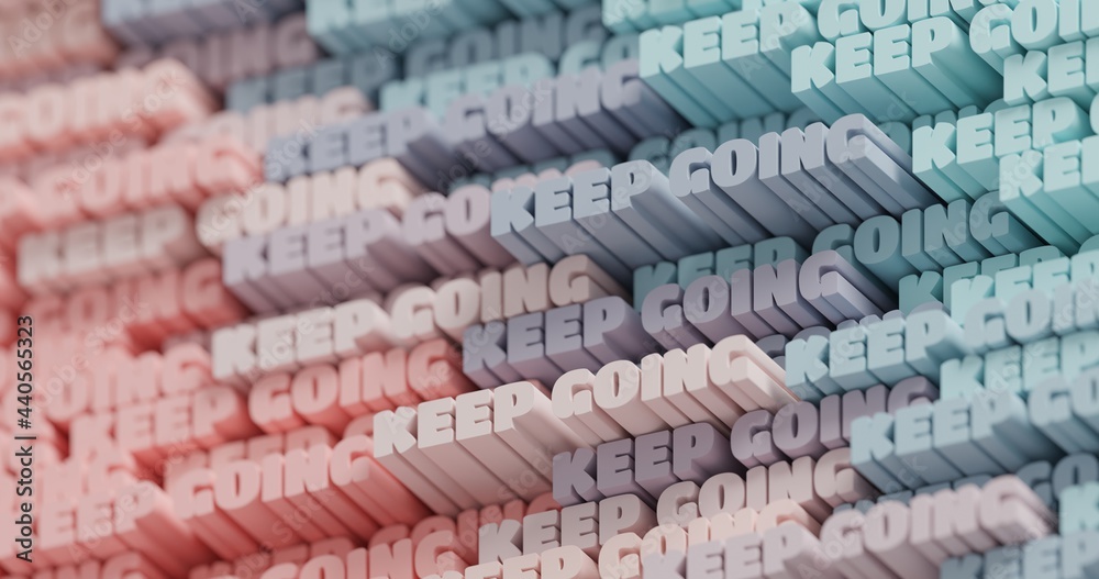 3D Keep Going. Abstract typographic 3D lettering background. Modern bright trendy motivational word pattern in light pink and blue colors. Contemporary cover and backdrop