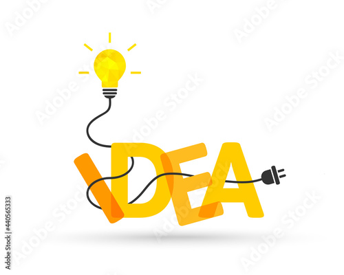 Idea concept with bright and shining light bulb. Integrated letters, word lettering typography.