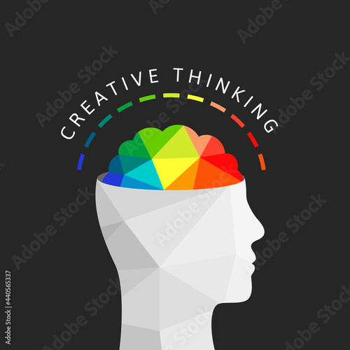 Creative thinking concept with colorful brain. Human mind, head, face and profile silhouette. Abstract vector illustration, low poly design.