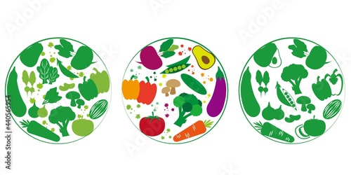 Set of Organic vegetable icons. Round icons.Vegan, vegetarian, healthy food, Vector illustration. simple button icons collection. Ecology, green, bio, food, health. Design, web, banner, logos element