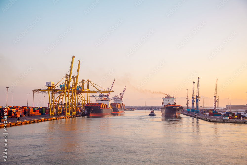 panoramic of the industrial port on the mediterranean sea at sunrise