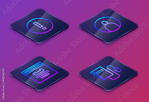 Set Isometric line Information, Browser window, Create account screen and Electronic book with mouse. Blue square button. Vector