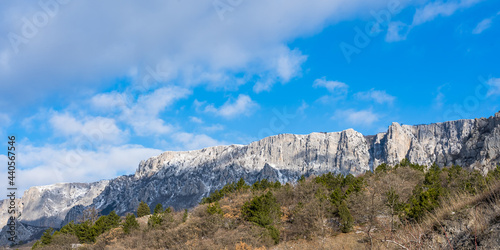 Panorama of the white mountain range off the southern coast of Crimea in early spring. Great place for mountaineering.
