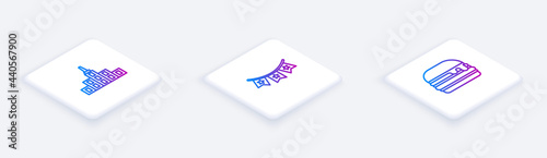 Set Isometric line City landscape, Carnival garland with flags and Burger. White square button. Vector