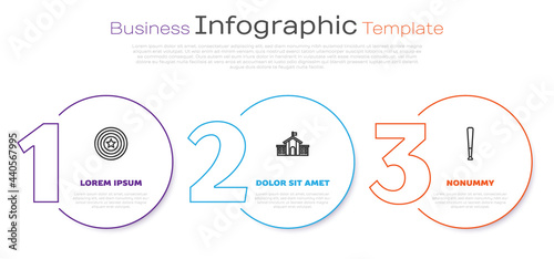 Set line American star shield, United States Capitol Congress and Baseball bat. Business infographic template. Vector