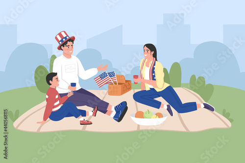 Happy american family celebrate Independence day flat color vector illustration. Picnic on 4th of july in US. Smiling parents with son 2D cartoon characters with urban park on background