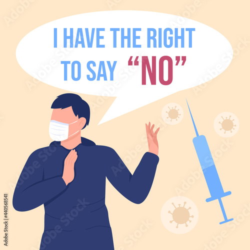 Anti vaxxer social media post mockup. I have right to say no phrase. Web banner design template. Health care booster, content layout with inscription. Poster, print ads and flat illustration