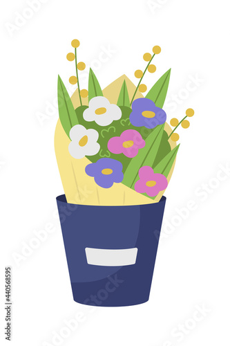 Mixed flower bouquet semi flat color vector object. Purple, white, pink daisies. Multicolored floral arrangement isolated modern cartoon style illustration for graphic design and animation