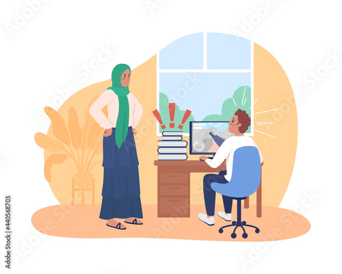 Mother argue with procrastinating teenager 2D vector isolated illustration. Kid playing computer games, angry mom flat characters on cartoon background. Teen problem colourful scene