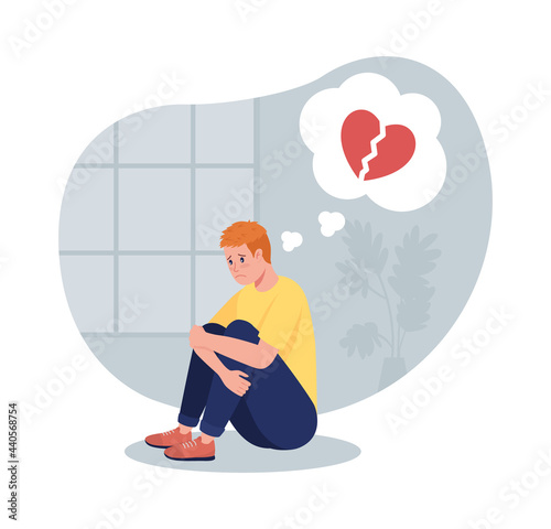 Stressed teen boy sit alone thinking of break up 2D vector isolated illustration. Adolescent child upset over relationship issue flat characters on cartoon background. Teenager problem colourful scene