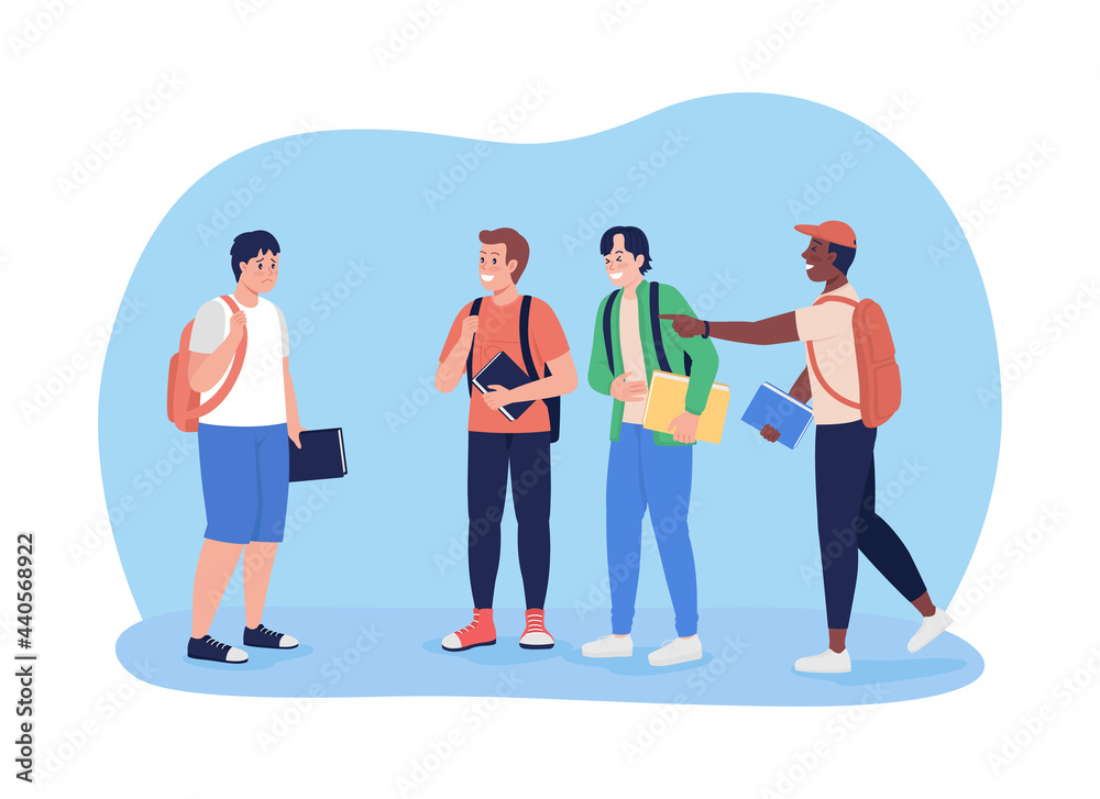 Teens bullying boy 2D vector isolated illustration. Peer pressure and  aggression. Kids mock and laugh at classmate flat characters on cartoon  background. Teenager problem colourful scene Stock Vector | Adobe Stock