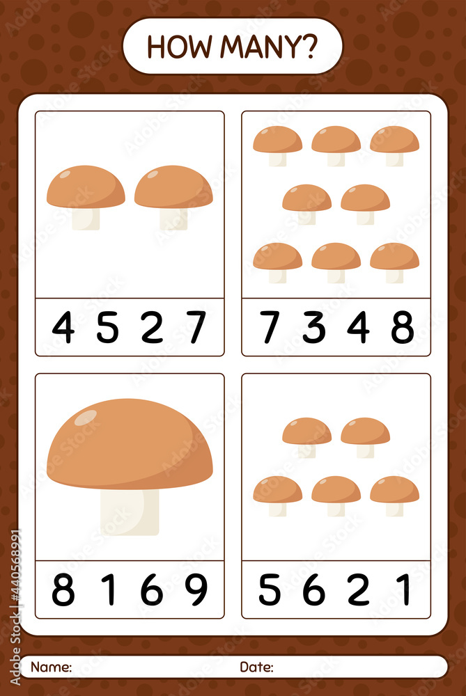 How many counting game with mushroom. worksheet for preschool kids, kids activity sheet, printable worksheet