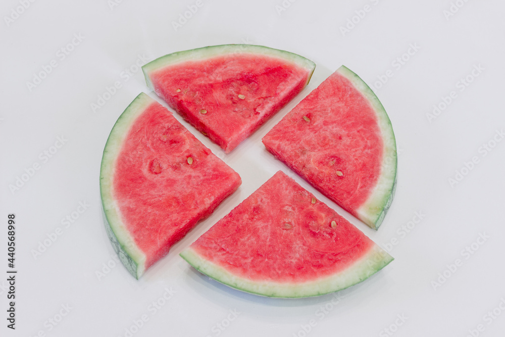 Slices of watermelon on a white background, top view