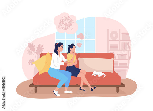 Mother support sad teenage daughter 2D vector isolated illustration. Unhappy girl with mom at home. Supportive family flat characters on cartoon background. Teenager problem colourful scene