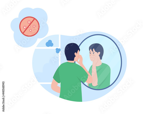 Teenage boy sad over pimple 2D vector isolated illustration. Skin care issue with acne. Sad child look in mirror flat character on cartoon background. Teenager problem colourful scene