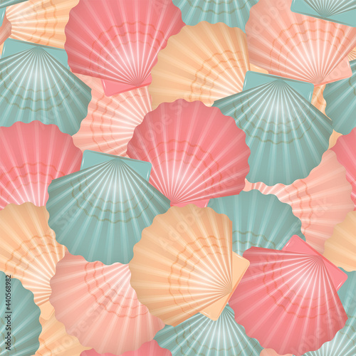 Multicolored seashells, scallops seamless pattern